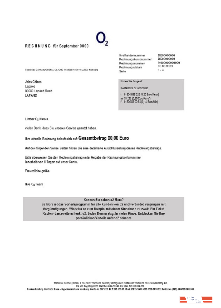 Germany RECHNUNG O2 utility bill